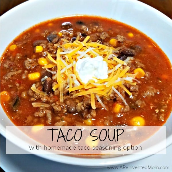 Side view of bowl of taco soup with text overlay.