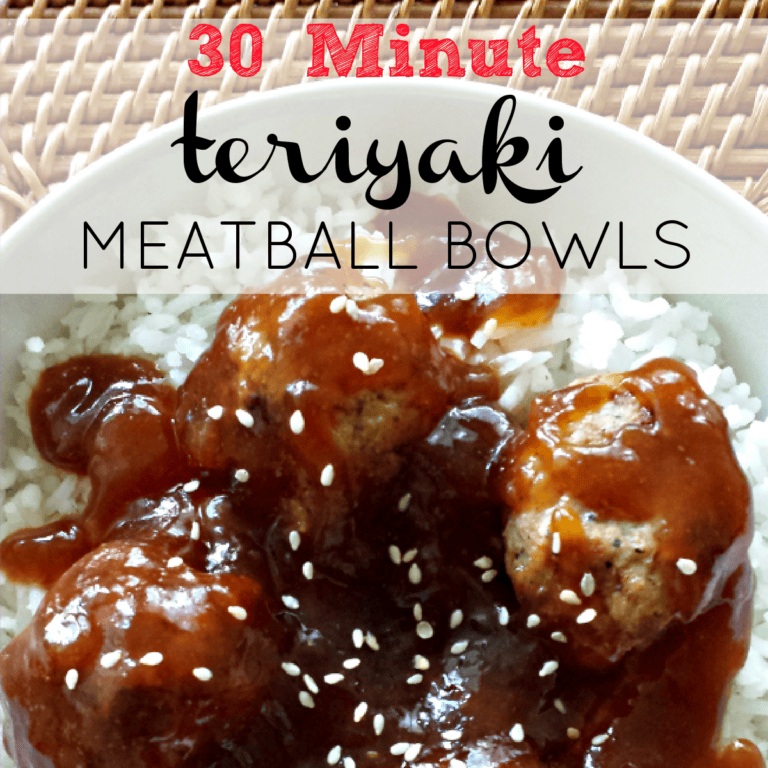 Teriyaki meatballs and rice garnished with sesame seeds with graphic text overlay.