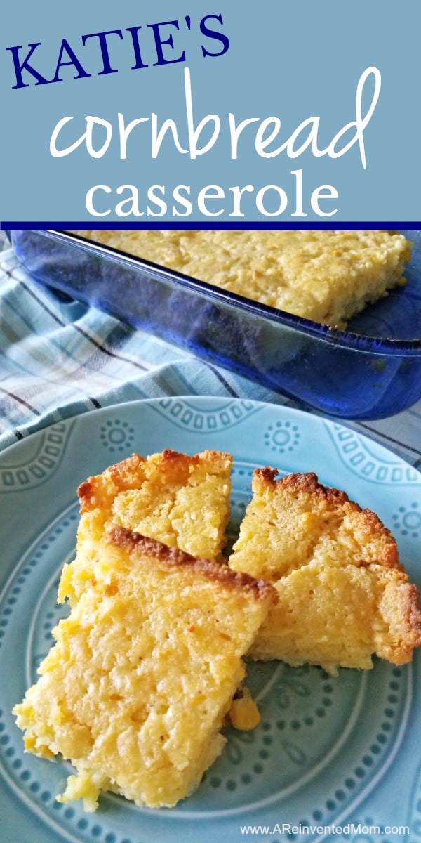 Decorative blue plate with 3 slices of Katie's Cornbread Casserole | A Reinvented Mom