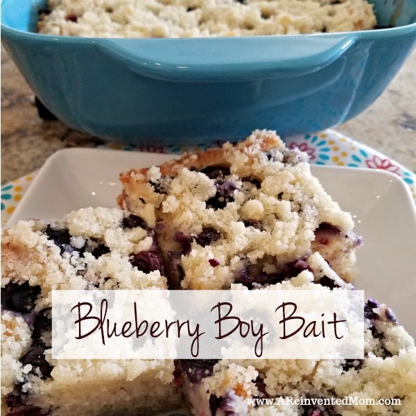 Three slices of Blueberry Boy Bait on a white plate with graphic overlay.