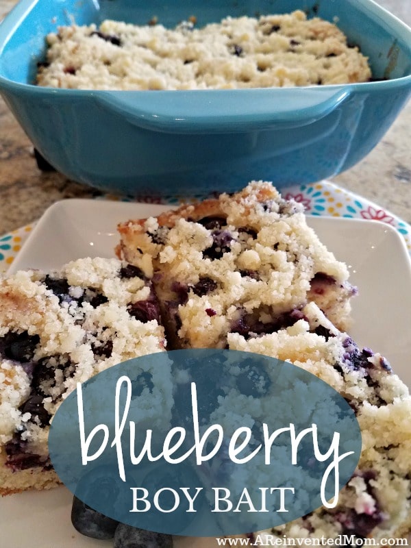 Slices of blueberry coffee cake on a white plate with baking dish in the background and graphic overlay.