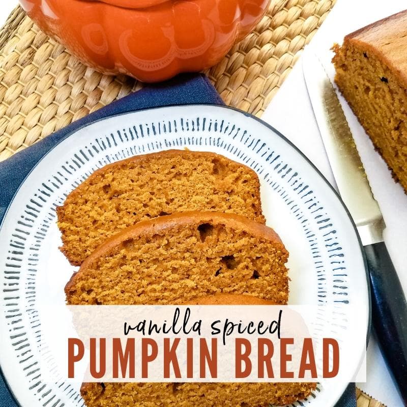 Decorative plate with 3 slices of Vanilla Spiced Pumpkin Bread & partial loaf with knife | A Reinvented Mom