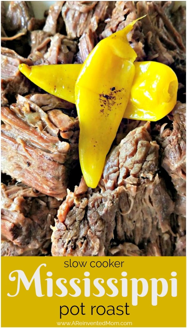 Closeup view of pot roast with banana peppers.