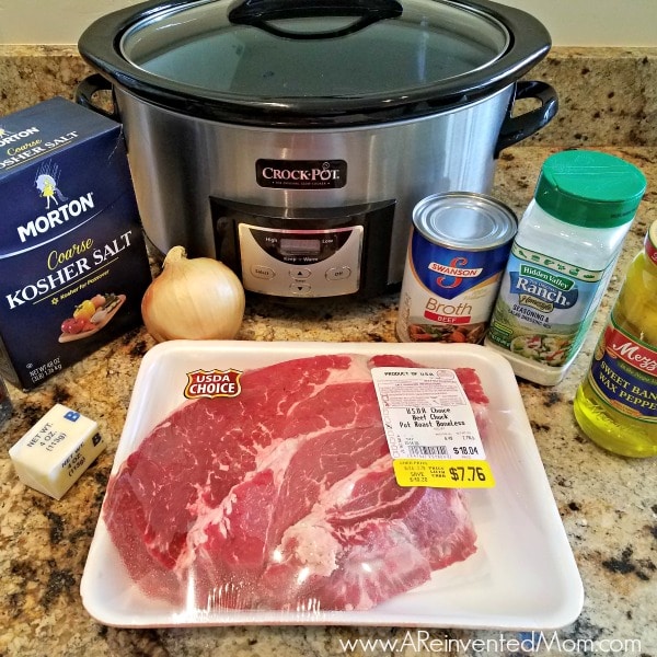 Ingredients needed to prepare Mississippi Pot Roast - chuck roast, beef broth, onion, butter, peppers, seasonings & a slow cooker | A Reinvented Mom