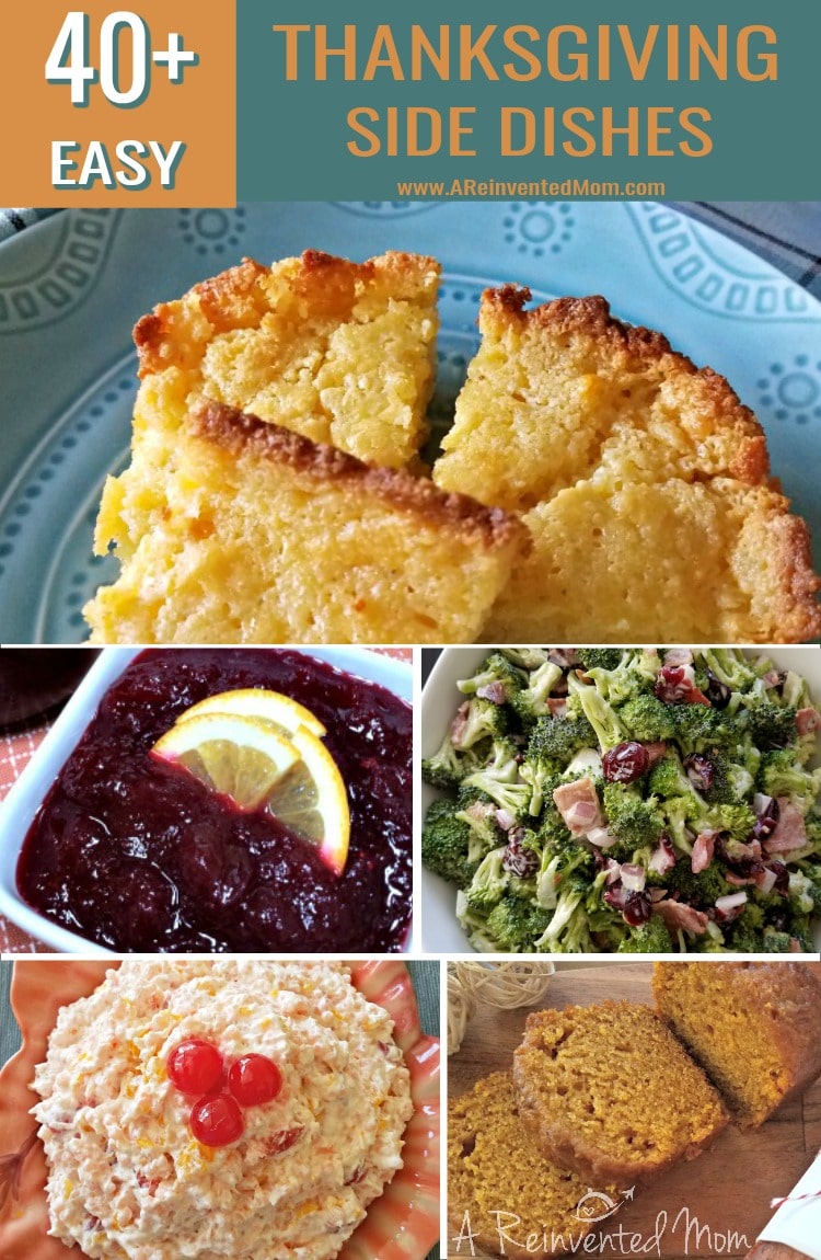 Photo collage of five Thanksgiving side dishes with text overlay.