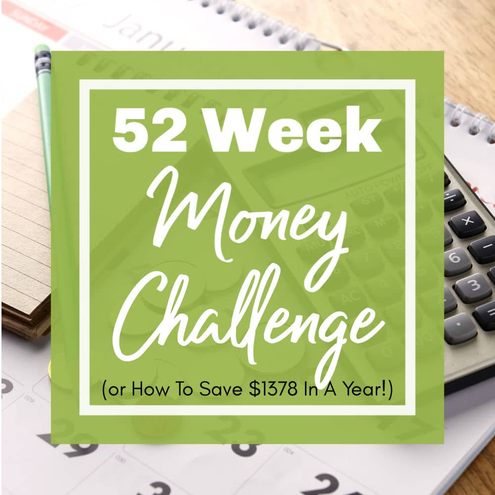 Photo of calendar & calculator with 52 Week Money Challenge graphic | A Reinvented Mom