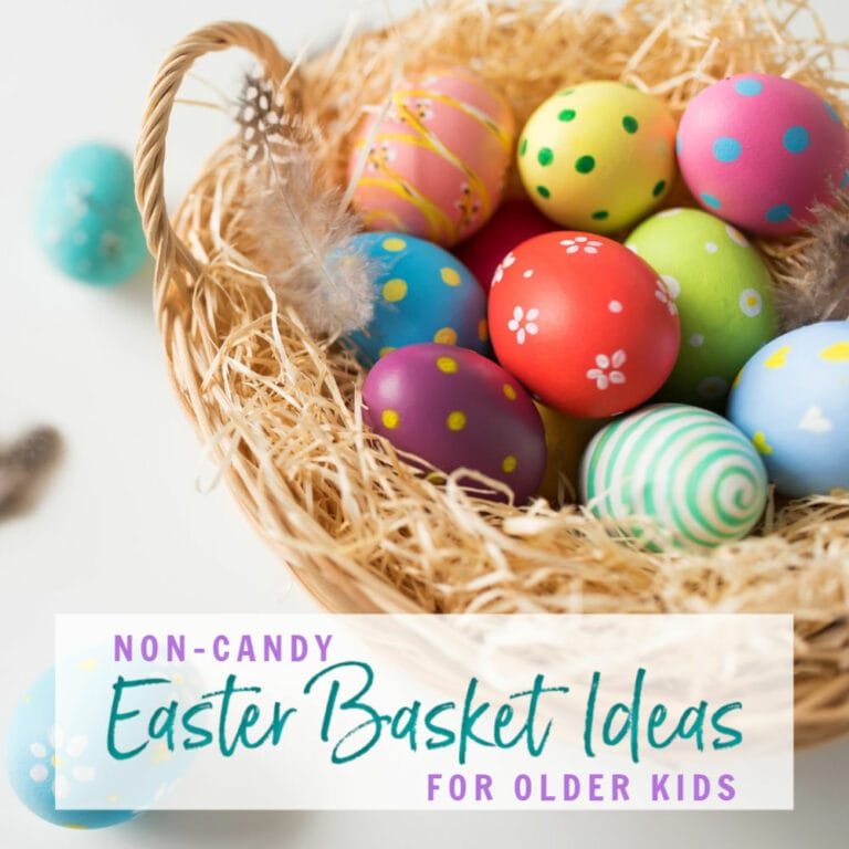 Closeup of basket with colored eggs. Non-candy Easter basket ideas for older kids | A Reinvented Mom