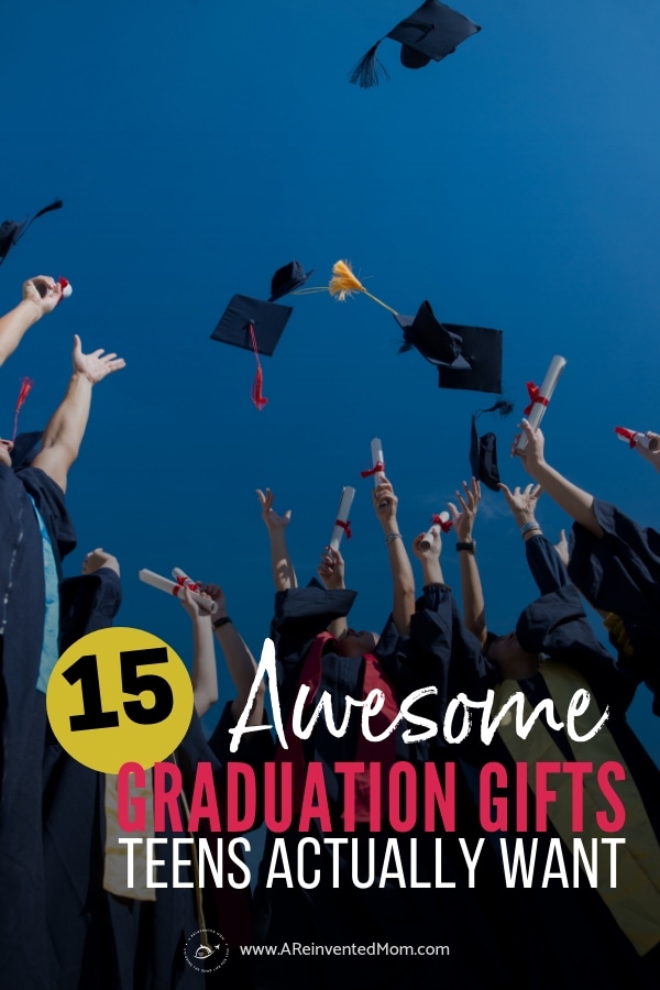 Grads tossing caps in the air with Gifts for High School Graduates text overlay graphic. 