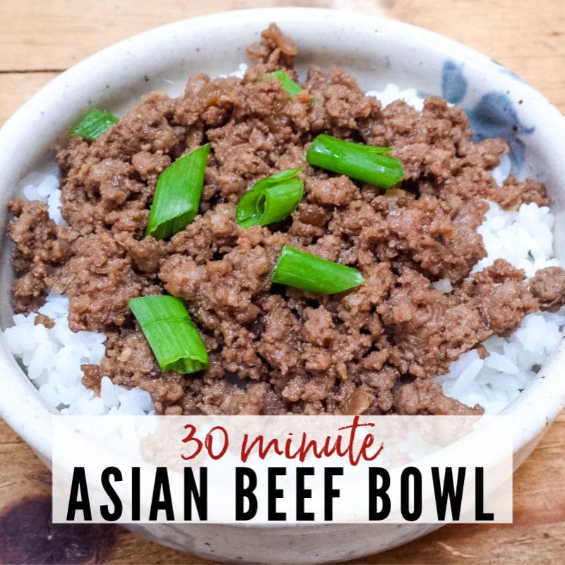 Bowl of Asian Beef Bowl garnished with green onions | A Reinvented Mom