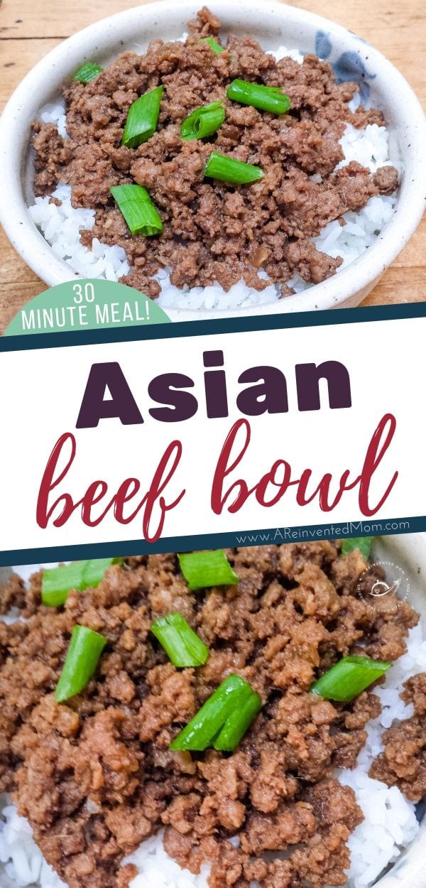 White bowl of Asian Beef Bowl and a closeup of the prepared dish | A Reinvented Mom 