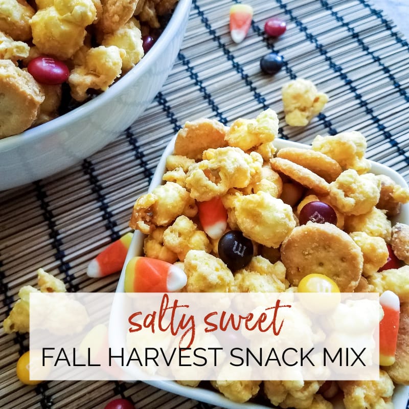 Closeup of bowl of coated popcorn & snack crachers with candy corn & candy coated chocolates. Salty Sweet Fall Harvest Snack Mix | A Reinvented Mom
