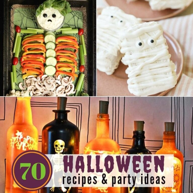 3 photo collage - vegetables shaped like a skeleton, rice krispie treats decorated like mummies & Halloween decorated bottles.