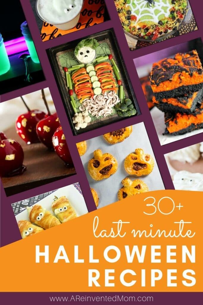 Collage of Halloween party foods & drinks - vegetable skeleton with dip, jack-o-lantern meat pies, candy apples, black & orange brownies, mummy wrapped jalapeno poppers. A Reinvented Mom | Halloween Party Recipes