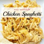 Closeup view of baked chicken spaghetti casserole with text overlay.