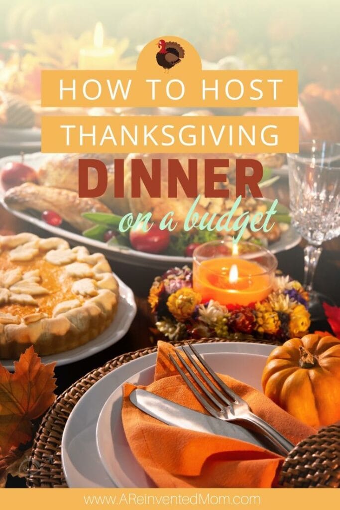 Cooked turkey, pumpkin pie, empty wine glass & Thanksgiving decorations | Hosting Thanksgiving on a Budget | A Reinvented Mom