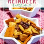 Closeup view of a white star-shaped bowl filled with corn Chex cereal, Bugles corn snacks, pretzels, cheese flavored crackers & pecans on a red tablecloth.