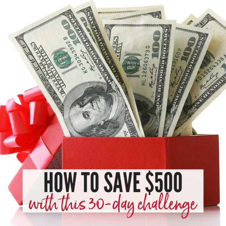 Red box filled with hundred dollar bills & How to Save $500 in 30 Days graphic | A Reinvented Mom