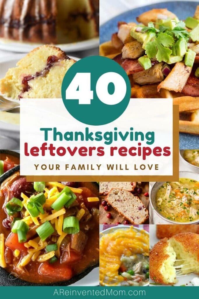 Photo collage of soups, casserole, bread, cake & waffles made with leftover Thanksgiving food.