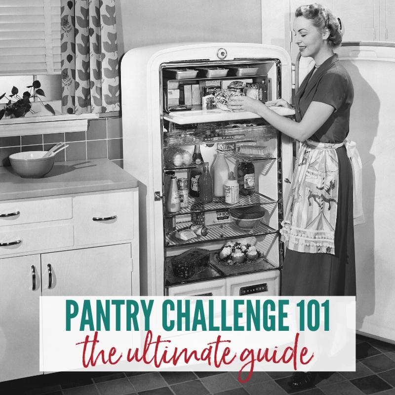 Retro black & white photo of woman standing in front of an open refrigerator filled with food | A Reinvented Mom #pantrychallenge