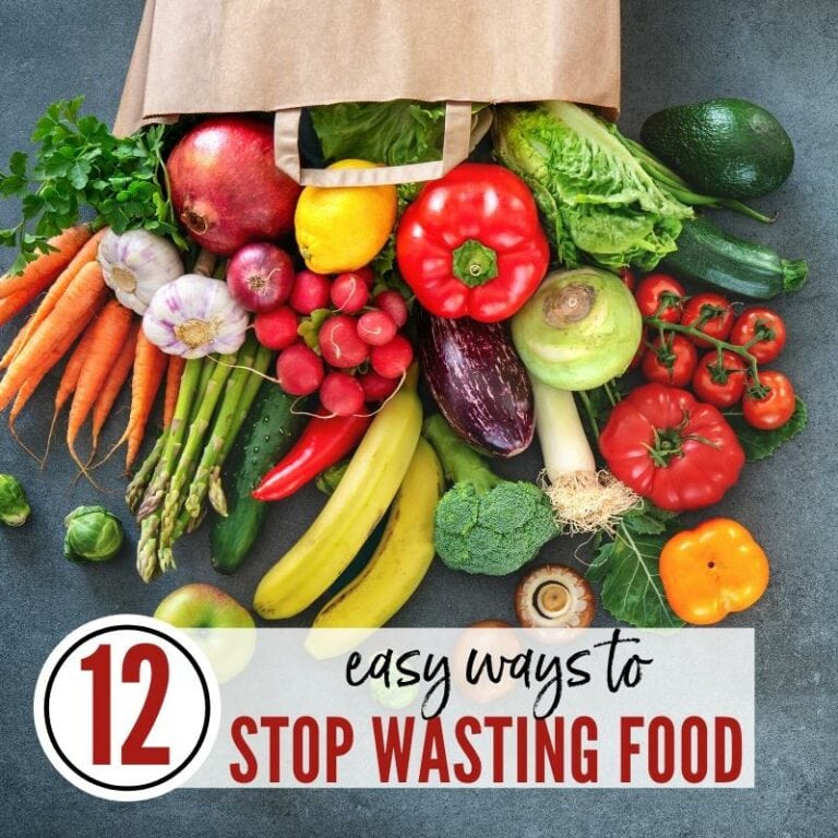 Assorted fruits & vegetables on a gray flatlay with 12 Easy Ways to Stop Wasting Food graphic | A Reinvented Mom