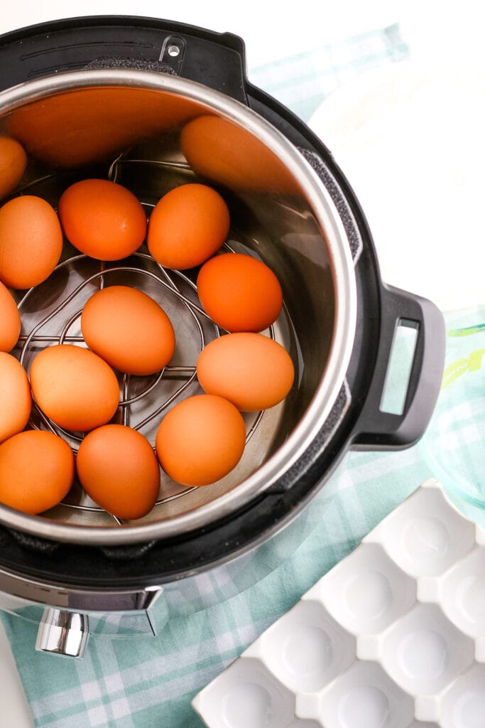 Brown eggs in an electric pressure cooker with empty egg tray | A Reinvented Mom