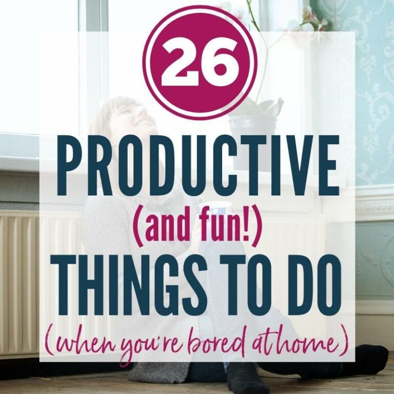 Woman sitting on floor & smiling with 26 Productive (and fun) Things to Do When You're Bored at Home graphic overlay | A Reinvented Mom