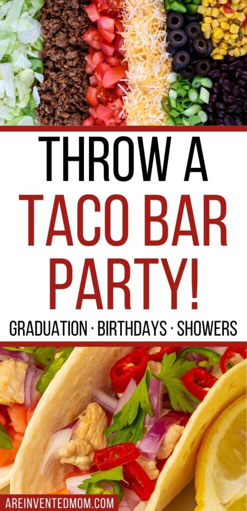 A plate of taco toppings and 2 chicken tacos with a Throw a Taco Bar Party graphic | A Reinvented Mom