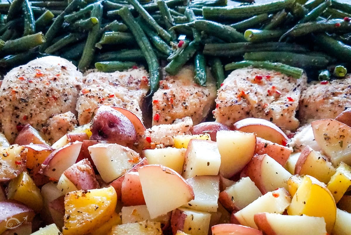 close up of chicken potato green bean bake fully cooked 