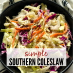 close up of slaw in a black bowl with text overlay
