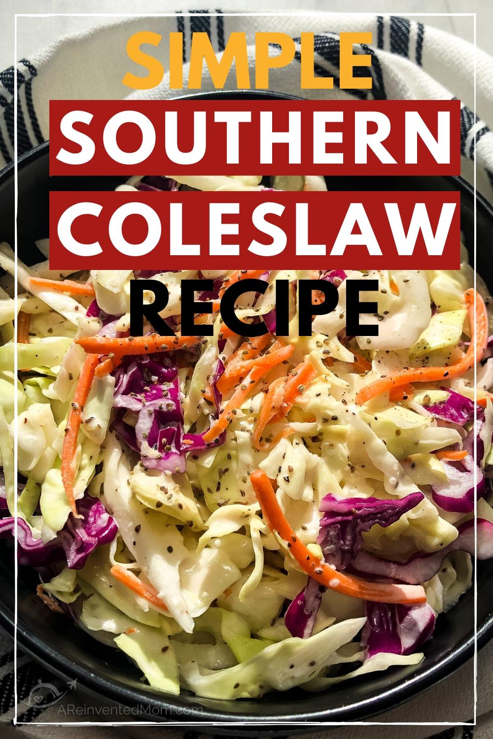 coleslaw in a black bowl on top of a striped dish towel with a text over lay