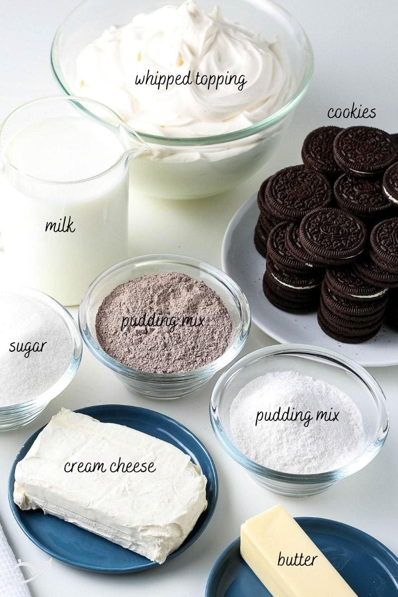 ingredients for oreo lasagna labeled on the counter
