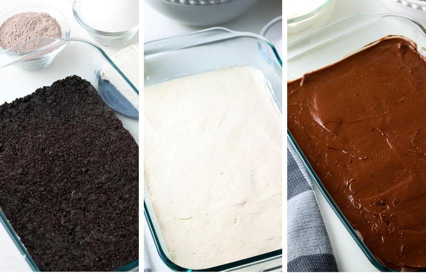 3 photos side by side, the first is the oreo layer in a casserole dish, next is the vanilla pudding layer, followed by the chocolate layer