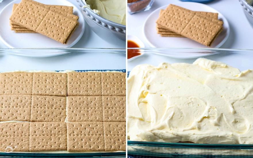 In process photo of layering the chocolate eclair cake with graham crackers in a glass dish.
