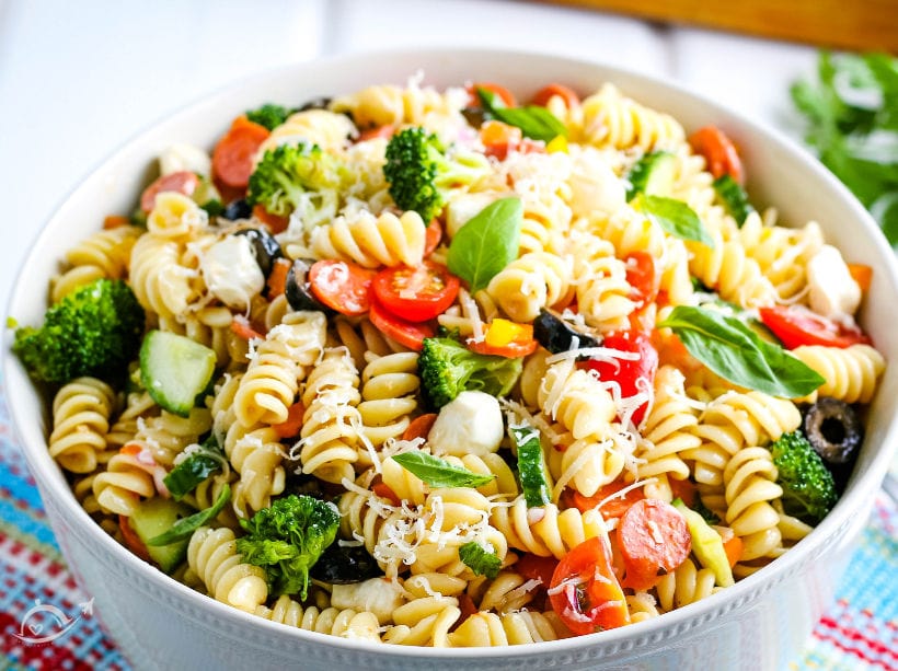 close up of italian pasta salad after it has been chilled