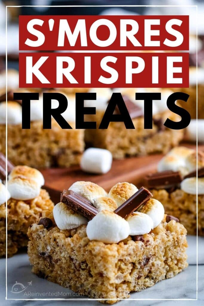 Close up of a Smores Rice Krispie Treats with more treats in the background and a graphic overlay.