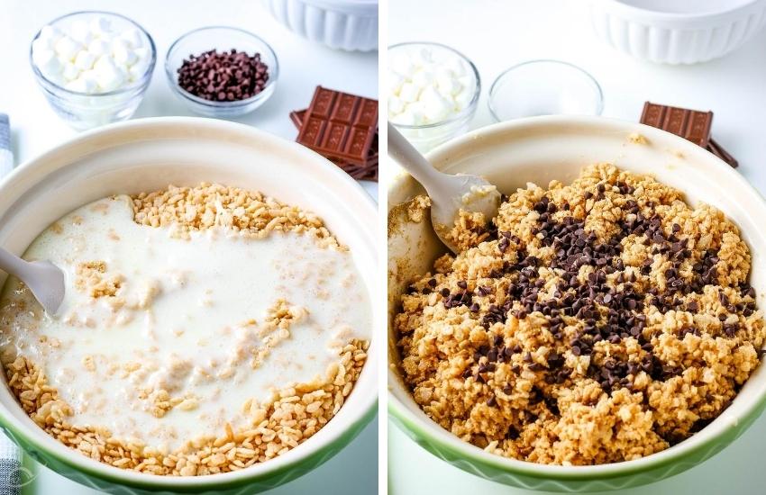 side by side photo of rice krispies mixed with marshmallows then with chocolate