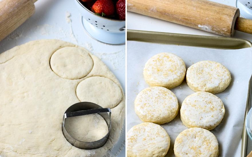 Biscuit dough rolled out and cutting for shortcakes