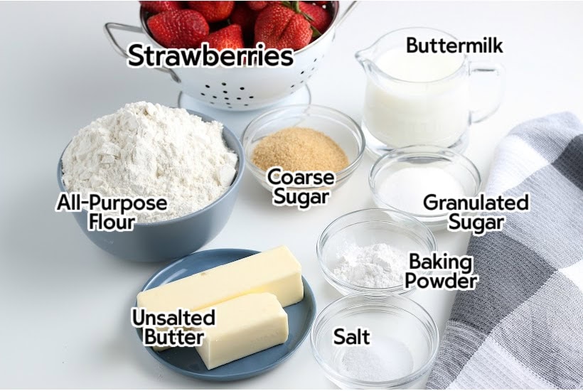 Ingredients needed for biscuit strawberry shortcakes.