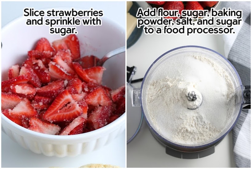Strawberries sprinkled with sugar and dry ingredients in a food processor.
