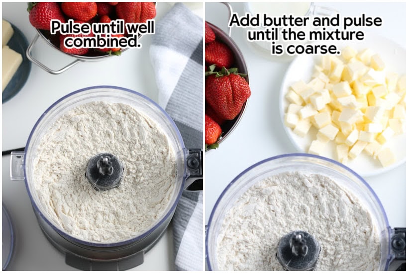 A biscuit mixture in the food processor with strawberries and cubed butter in the background.