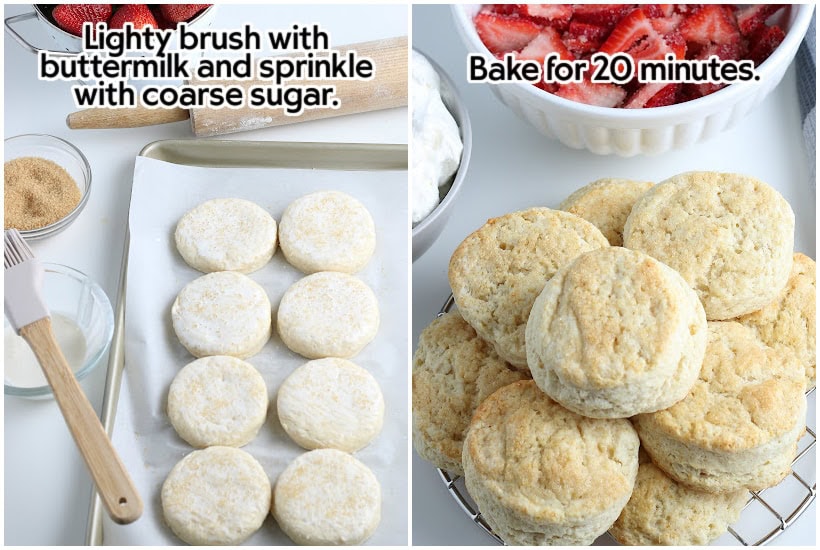 Raw biscuits ready to go in the oven and baked biscuits cooling on a wire rack.
