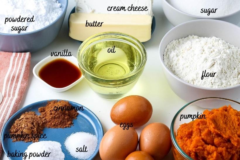 Ingredients with labels to make the cake on the countertop.