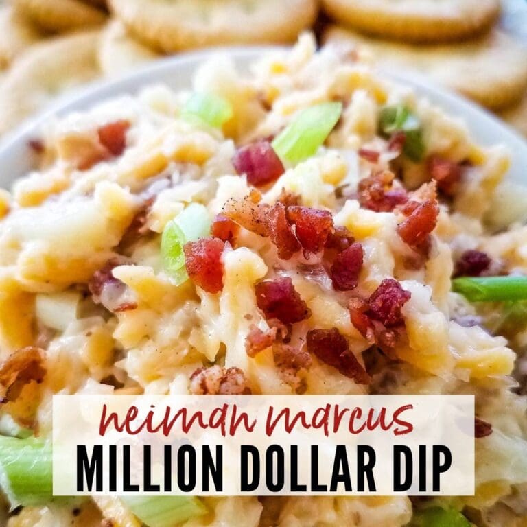 close up of neiman marcus dip with crackers in the background with text overlay