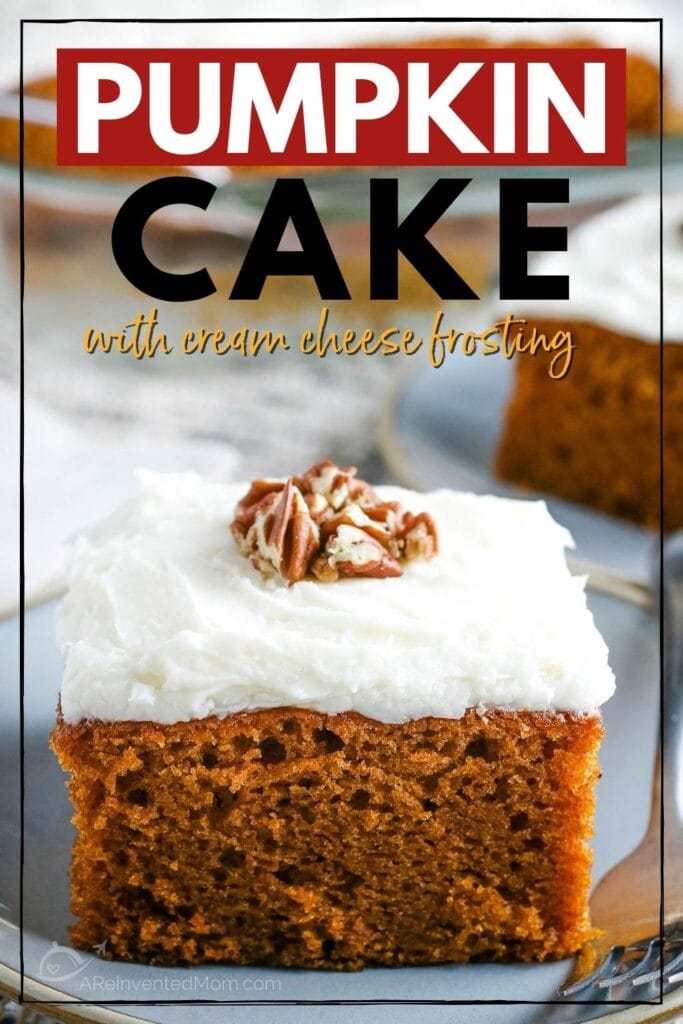 close up of a pumpkin cake square topped with cream cheese frosting with text overlay