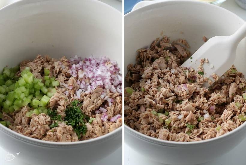 2 image collage, phonto on the left is the ingredients in a bowl for open faced tuna melts, on the right the ingredients are mixed