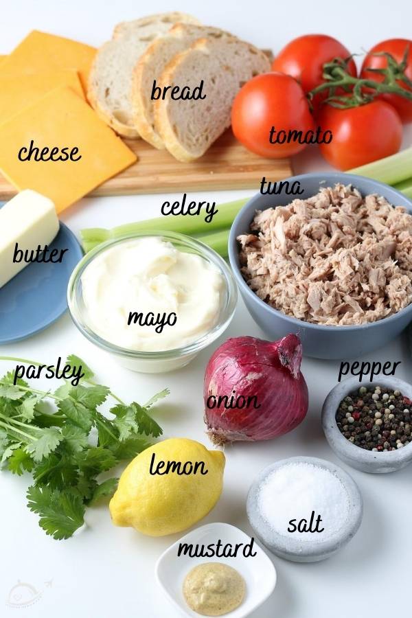 all ingredients labeled on a white countertop for tuna melts