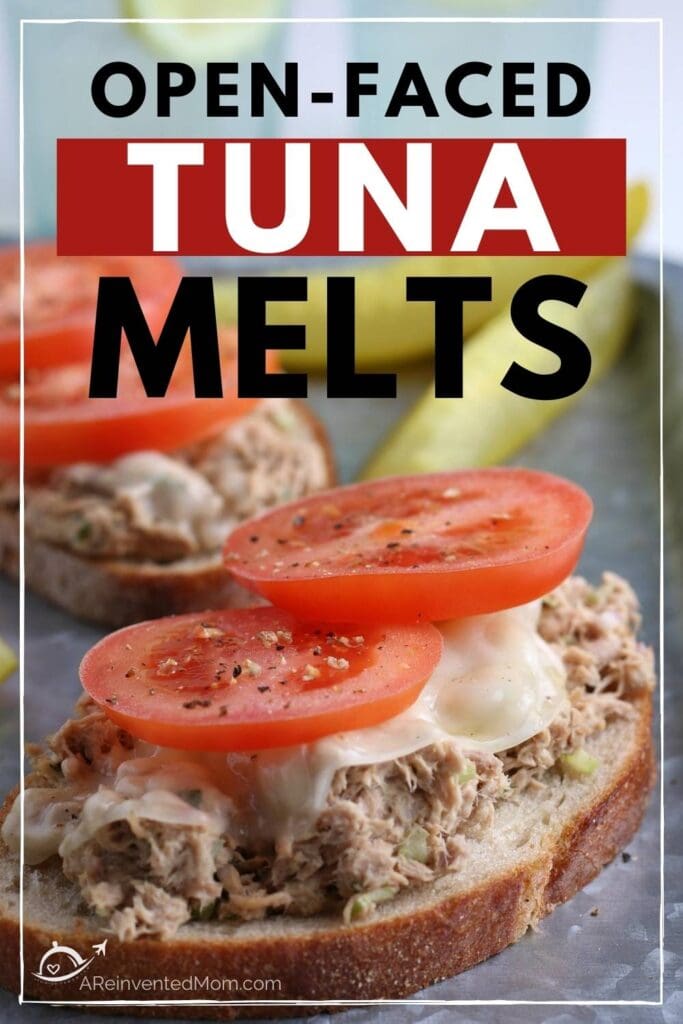 open faced tuna melt with another one and a pickle in the background with text overlay