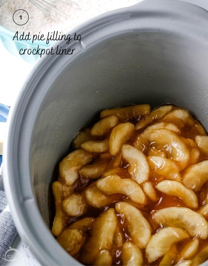 top view of apple pie filling in a crockpot