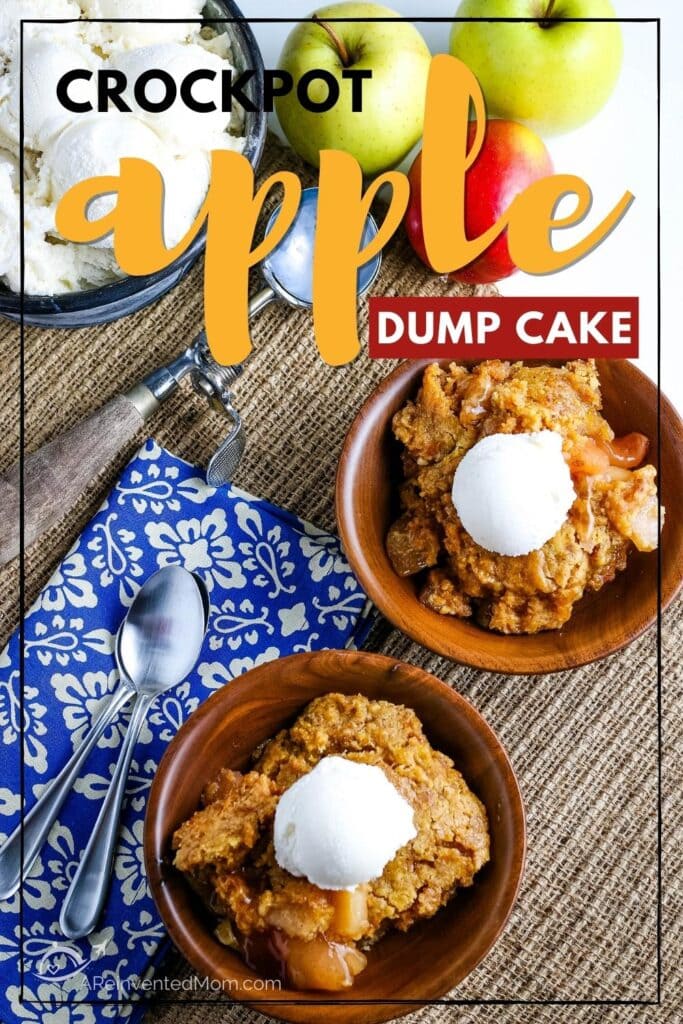 top view of crockpot apple dump cake topped with a scoop of ice cream