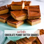 Chocolate peanut butter squares on a blue cake plate with text overlay.